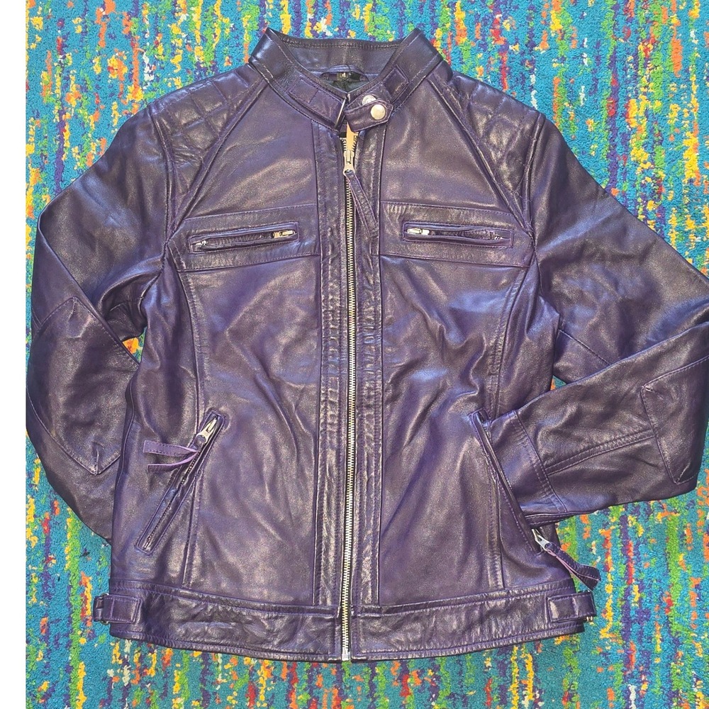 NWT Decrum Diamond 1 Quilted Moto Jacket Purple Lamb Leather Womens Medium